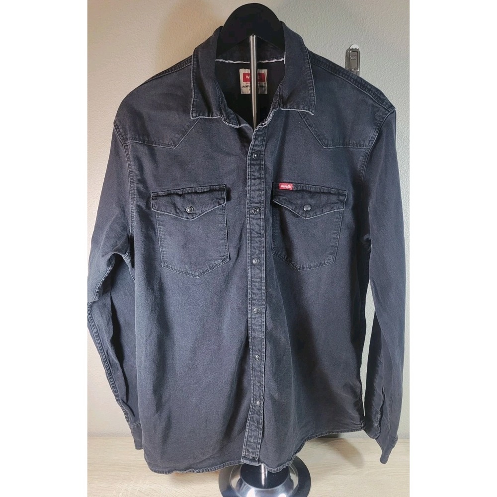 Wrangler Western Snap Shirt Men's Large Black Denim Long‎ Sleeve